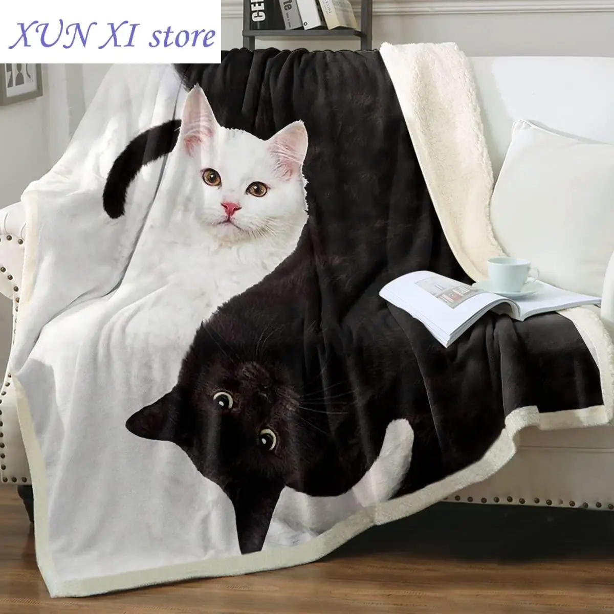 

2023 Cute Blankets for Teen Girls Black White Yinyang Cats Throw Blanket 3D Cats Pattern Fleece Blanket Kitten Sherpa Blanket