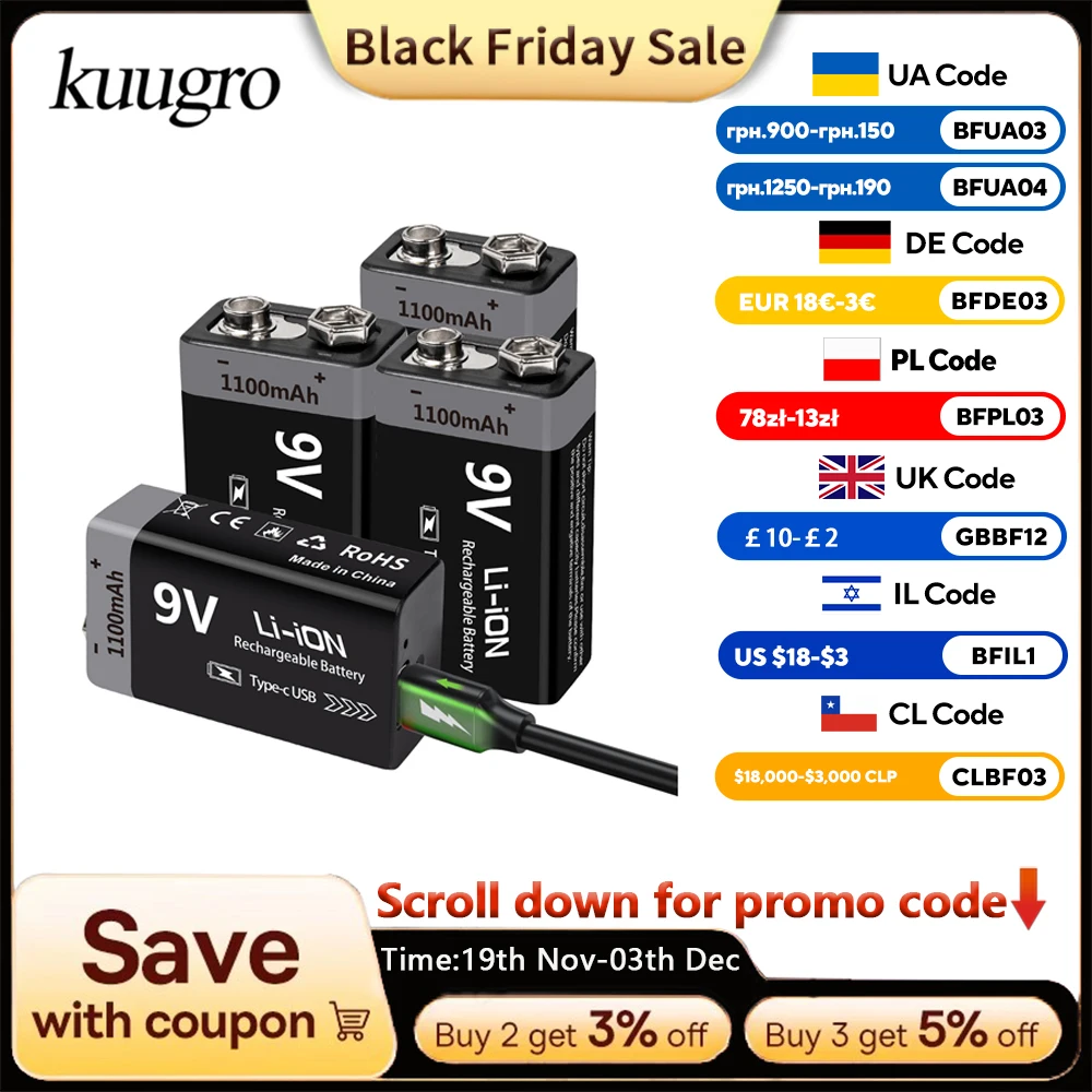 Kuugro USB 9V Rechargeable Battery 1100mAh Type-C Rechargeable 6F22 9V Li-ion Battery for RC Helicopeter Model Multimeter Toy