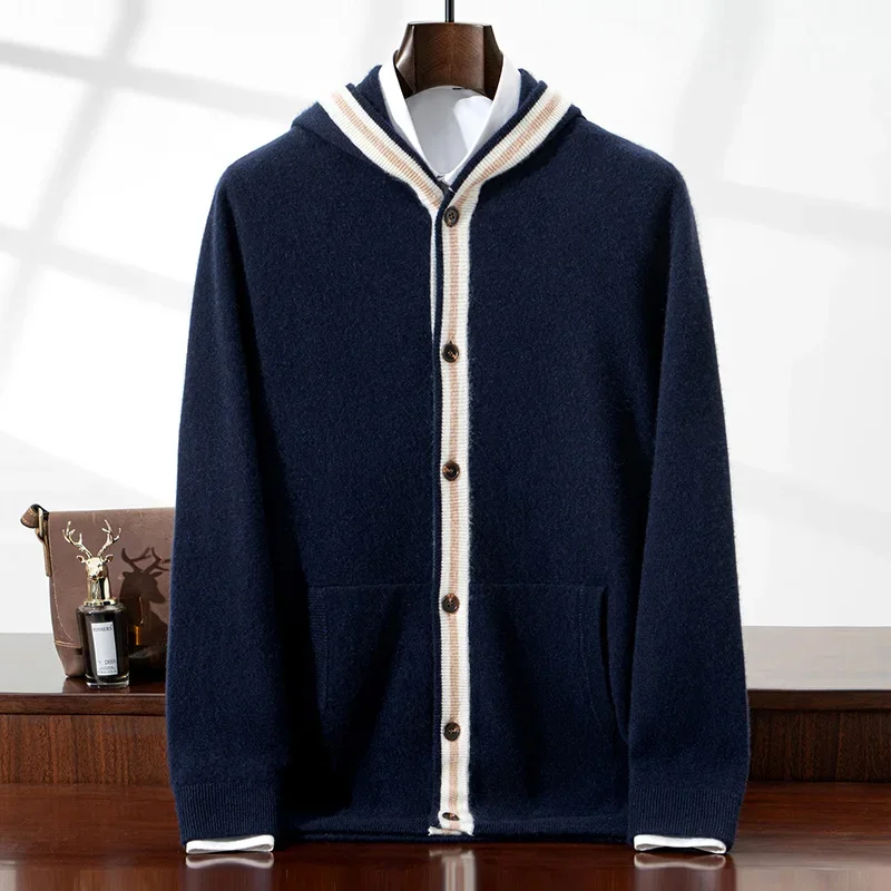 Tcyeek Men's 100% Cashmere Sweater Hoodie Cardigan Coat Autumn Winter Thick Preppy Style Cashmere Knitwear Heavyweight Clothes