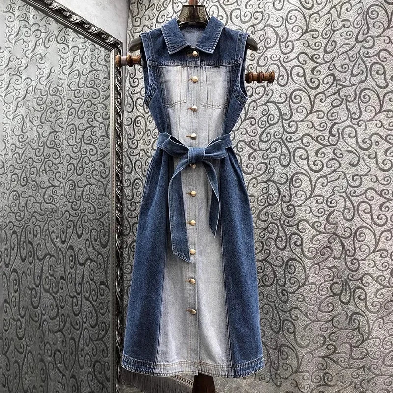 100%Cotton Dress 2024 Spring Summer High Quality Denim Dress Women Turn-down Collar Button Front Midi Casual Jeans Dress Belt