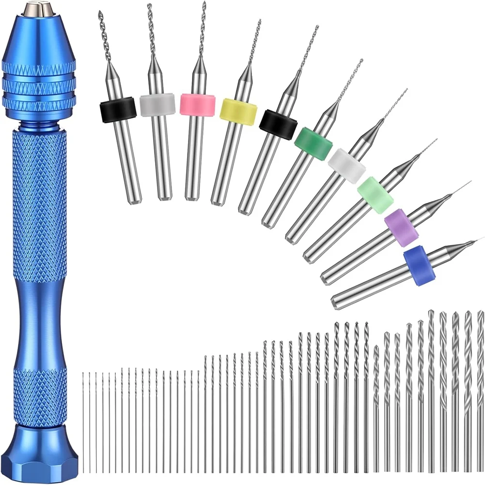 A58Z 59Pieces Hand Drill Bits Set Metal Pin Vise Hand Drill Micro Twist Bits and PCB Rotary Tools for Resin Polymer DIY B