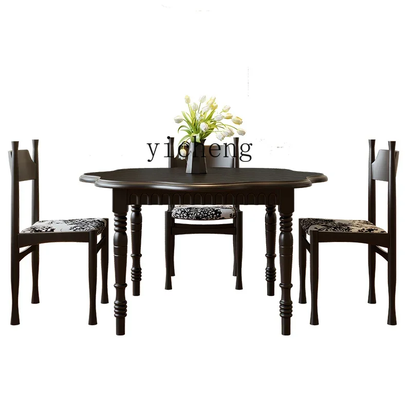 

ZC dining table solid wood dining table for home use, one table and four chairs retro style, round medieval dining