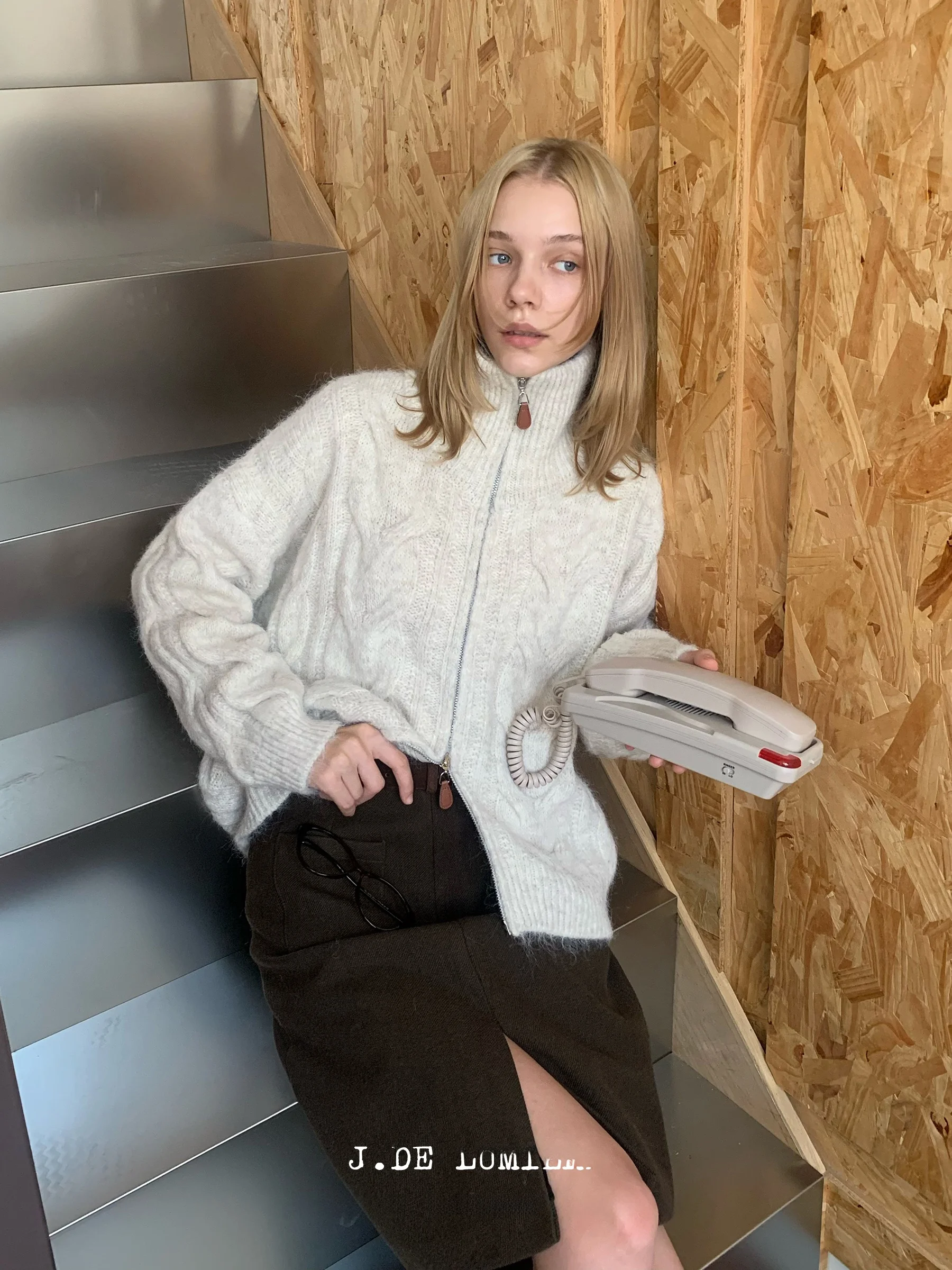 

JDE Double Zipper Twist Sweater Knitted Outerwear Women's Winter Layering Base irt Casual Loose Fit Long Sve Knitwear