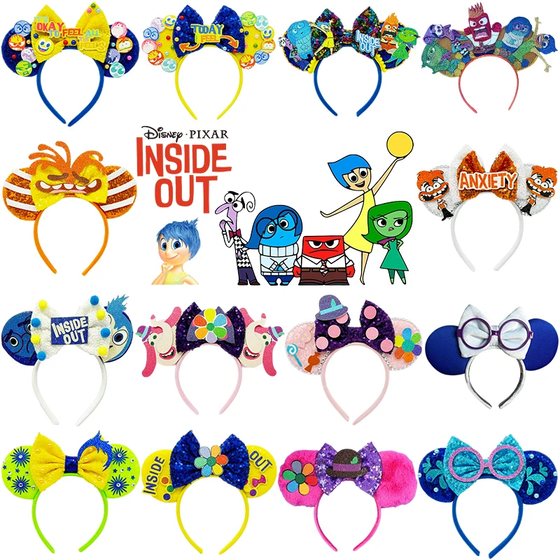 Disney INSIDE OUT Ears Headbands Girl Pixar Feels ANXIETY Sequins Bow Hair Accessories Women Cartoon Joy Hairband for Kids Party