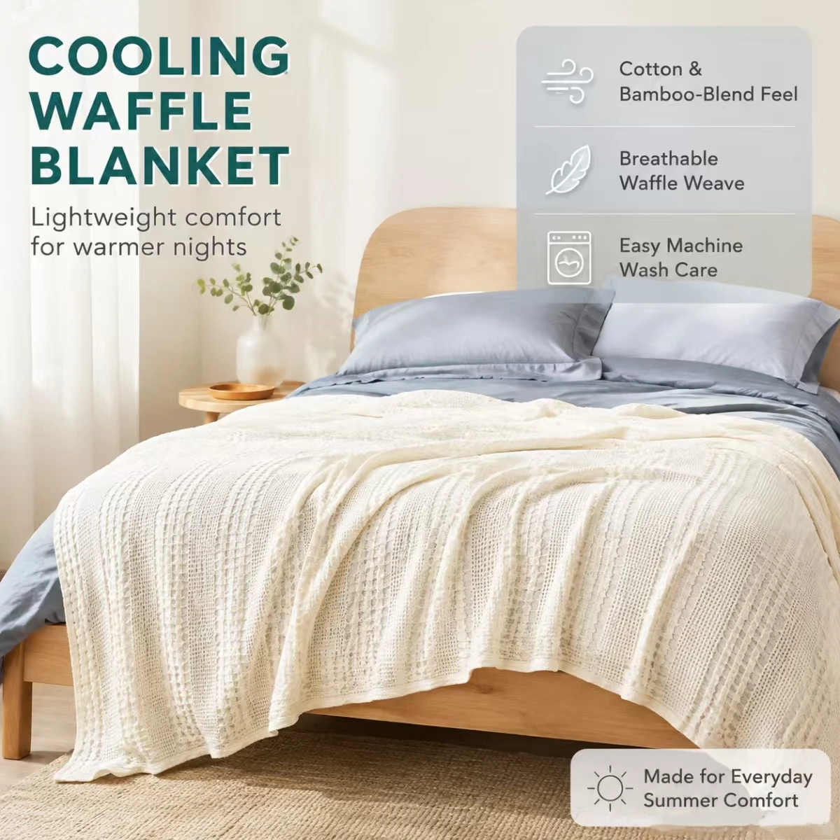 Cotton Bamboo Waffle Cooling Blanket, Lightweight & Breathable Summer Throw, Solid Color Honeycomb Weave for Hot Sleepers