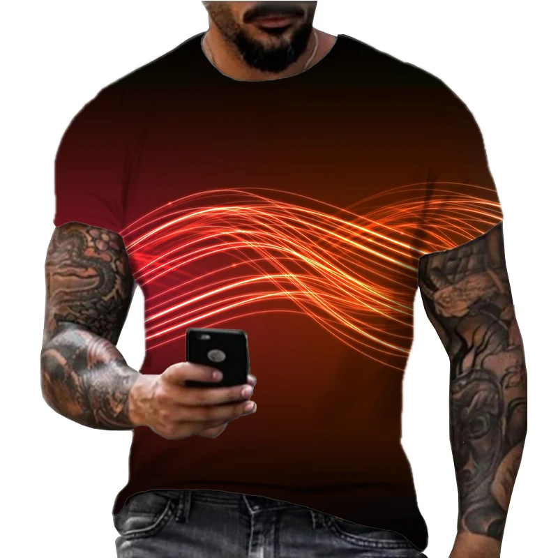 2024 New Men's Hot Selling Colorful Wave Pattern 3D Printed Short Sleeve Round Neck Top Fashion Fitness Leisure T-shirt