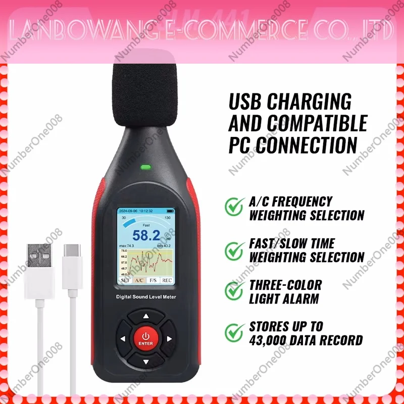 30~130dB 43,000 Data Record Noise Meter Sonometer Visual Line Chart DC Output Alarm Function Professional Sonometer