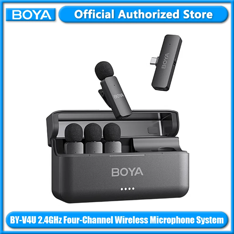 BOYA BY-V4U 2.4GHz Four-Channel Wireless Lavalier Lapel Microphone for iPhone Android Phone PC YouTube Video Recording Vlog Live