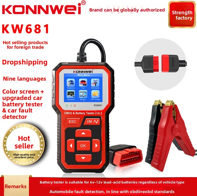 KONNWEI KW681 autó diagnosztikai műszer + ólom-sav akkumulátor detektor belső ellenállásmérő BT-705 akkumulátor analizátor