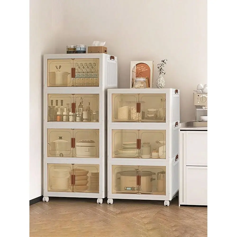 2 3 4 5layers Stackable Plastic Storage Boxes With Transparent Doors, Durable Foldable Design, Suitable For Kitchen And Home Or