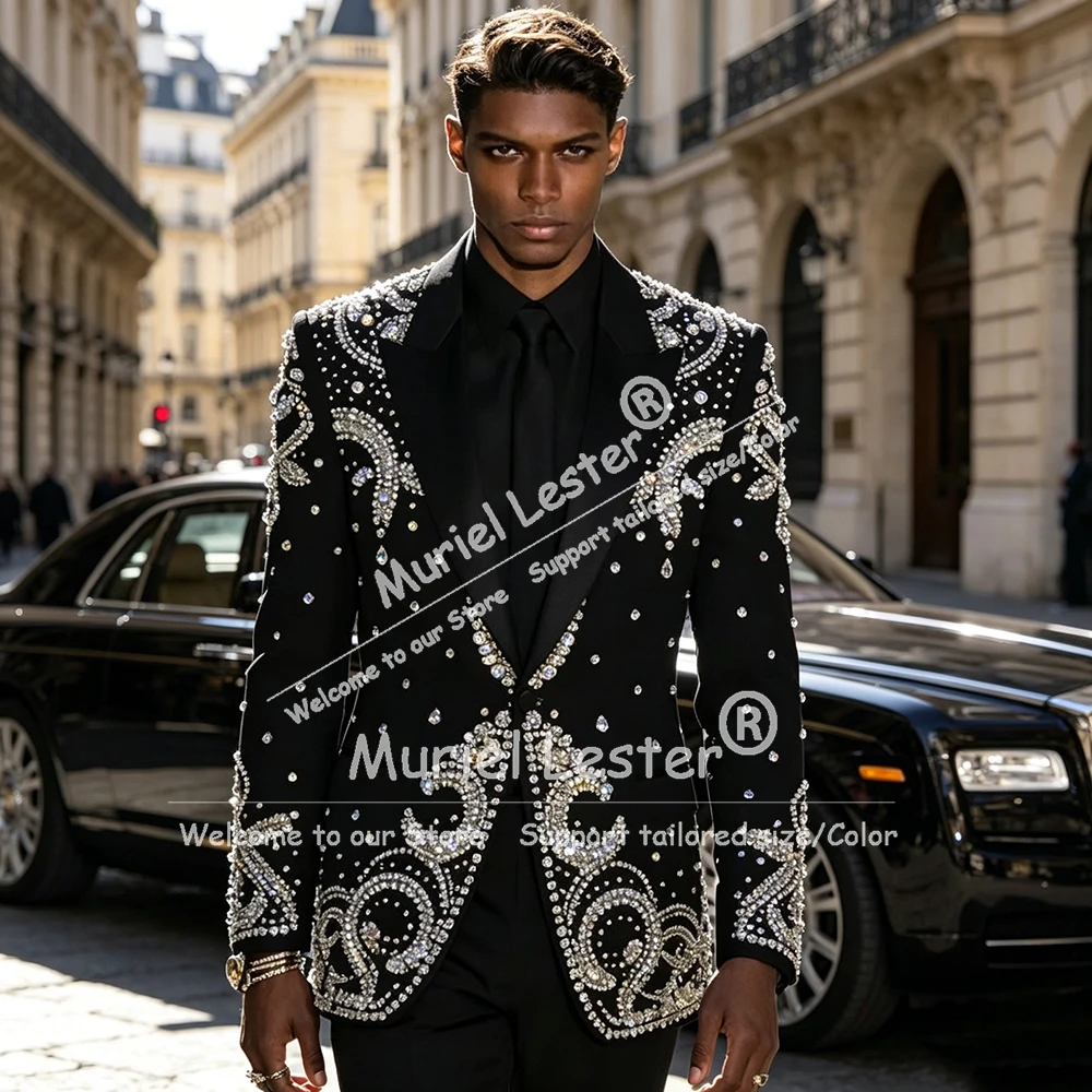 

Fashion Men's Suit Rhinestone Ornament Groom Wedding Tuxedos Slim Fit Man Banquet Party Outfits Custom Made trajes para hombre