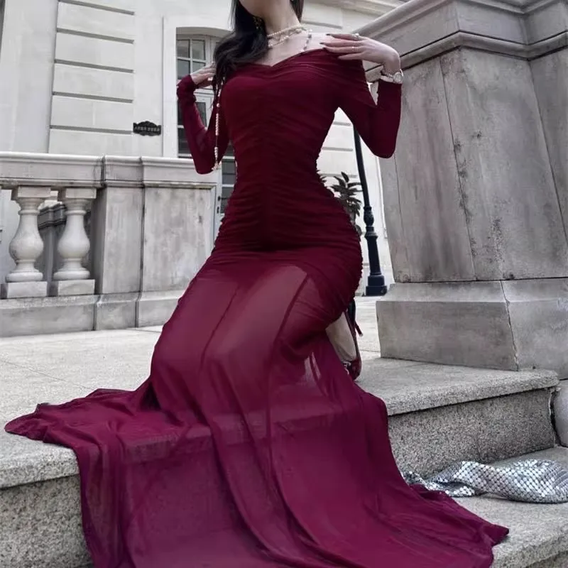 L-4XL Large Size French Temperament Slash Neck Pleated Slim Fit Long Sleeve Dress Ladies Red Long Elegant V-Neck Sexy Dresses
