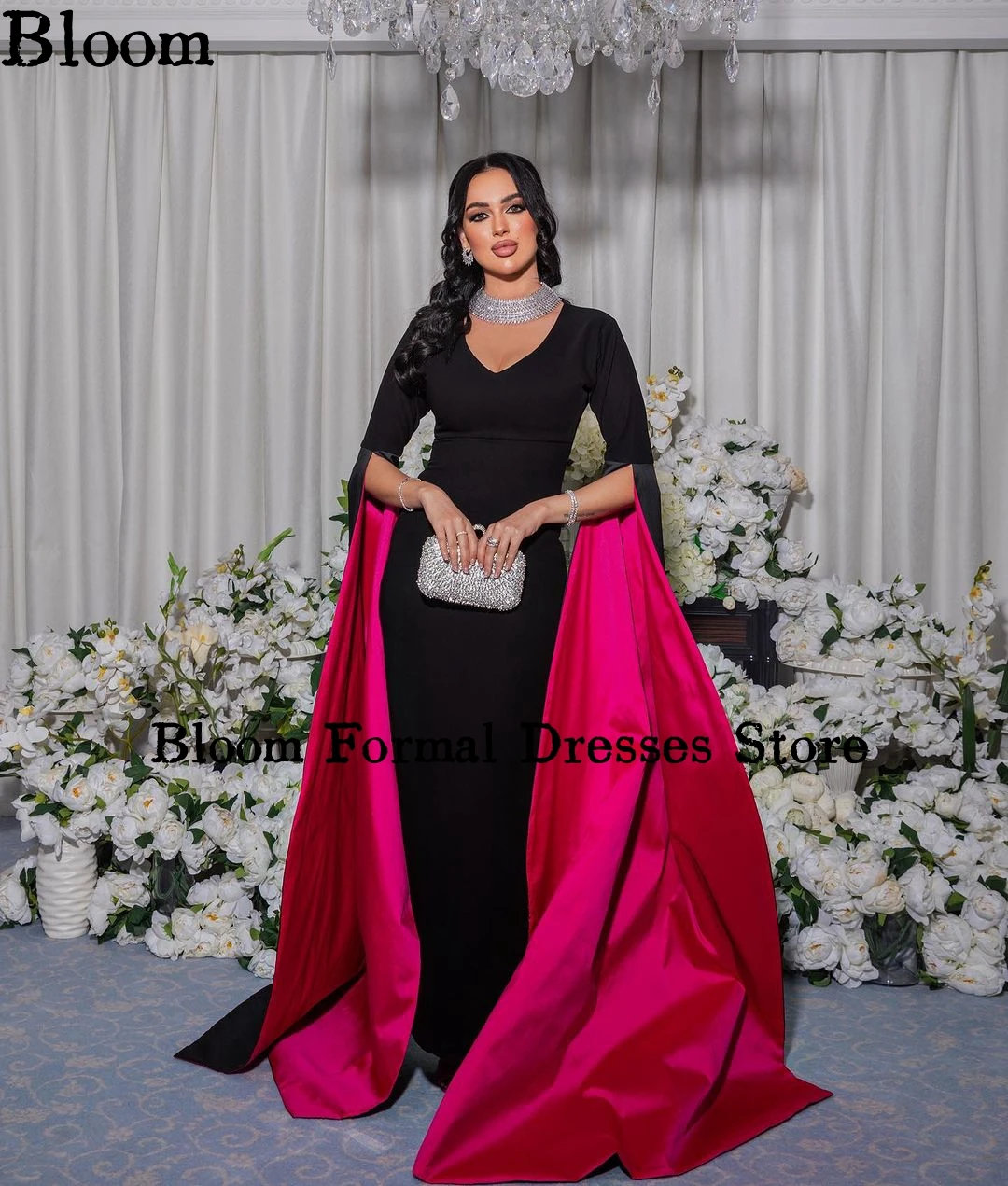 Saudi Arabia V-Neck Prom Dresses Black Sheath Long Split Sleeves Rose Red Gorgeous Formal Evening Dresses wedding Party Dress