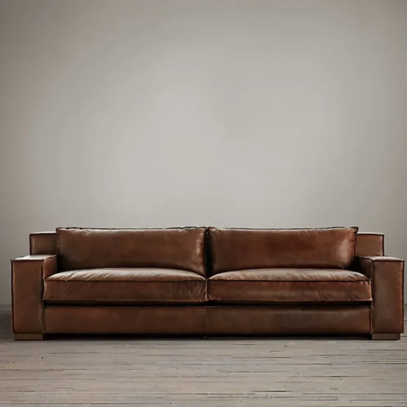 Italian minimalist leather sofa, brown French retro style, American modern small apartment three or four-person sofa
