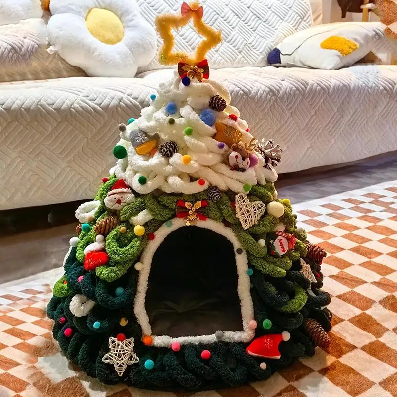 

Luxury Customized Winter Warm Cat Igloo Bed Breathable Small Pet Nest Christmas Tree Print Washable Plush Cloth Dog Sleeping