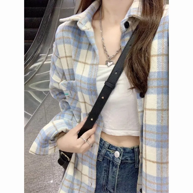 Women Shirt Long Sleeve Collared Button Up Oversized Plaid Harajuku Shirt Jacket Vintage Chic Oversize Blouse Clothes Female