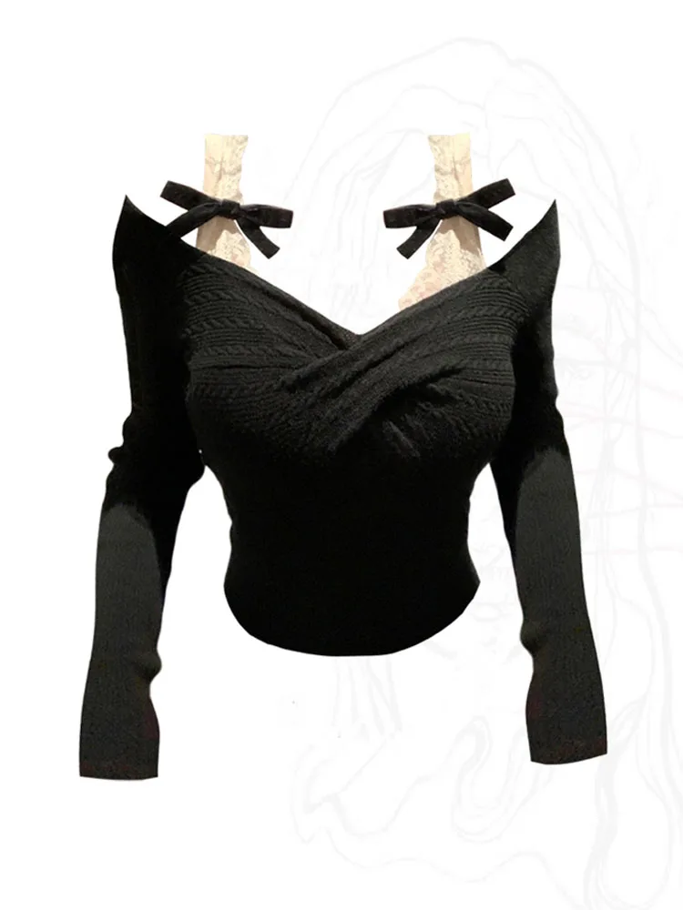 Fashion Simple Slash Neck Knitted Sweater Bow Fake Two Pieces Long Sleeve Slim Pullovers Black Chic Gothic Clubwear Streetwear