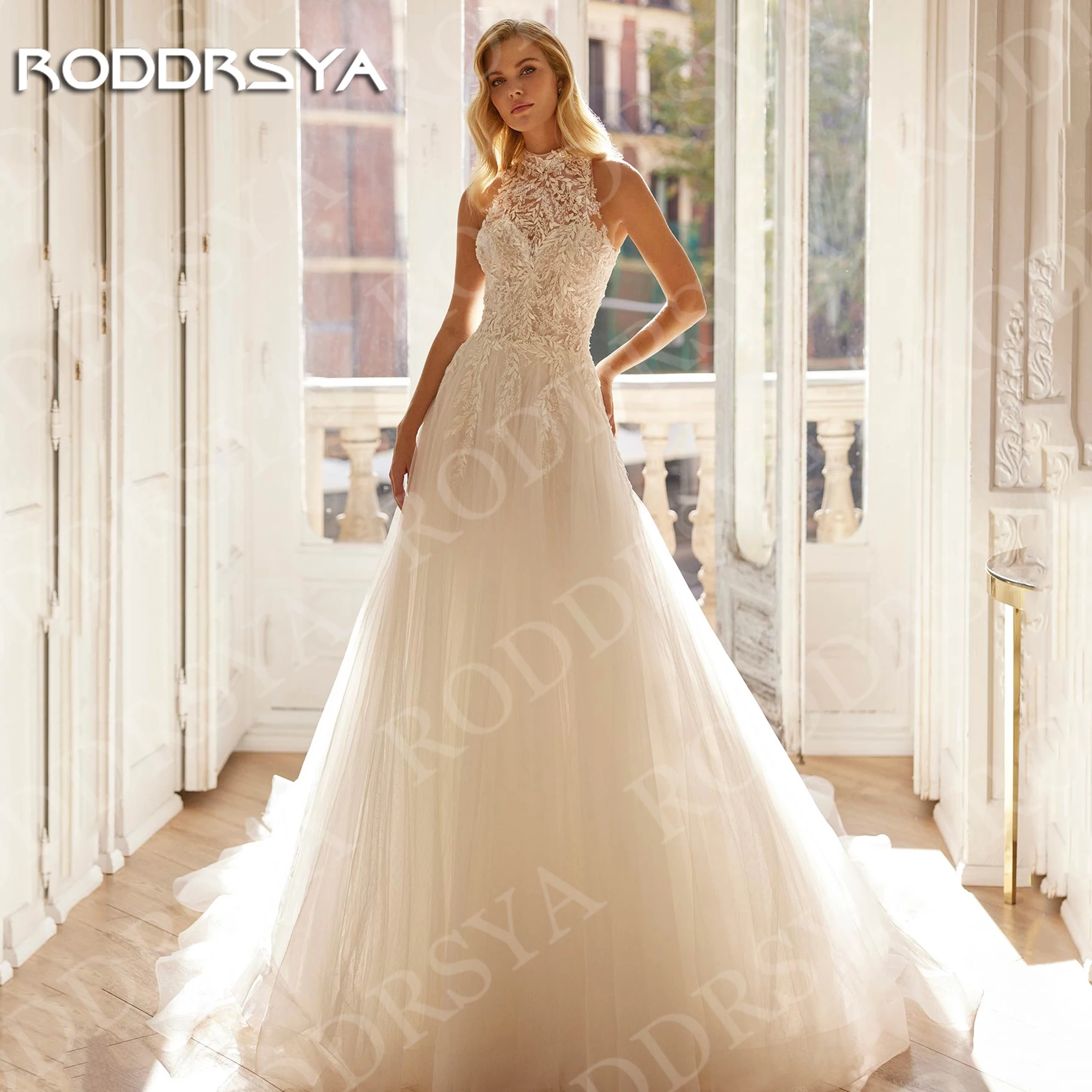 

RODDRSYA Elegant Halter Neck Appliques Wedding Dress Ivory Open Back A line Tulle Bridal Gowns Sleeveless Sweep Train Customized