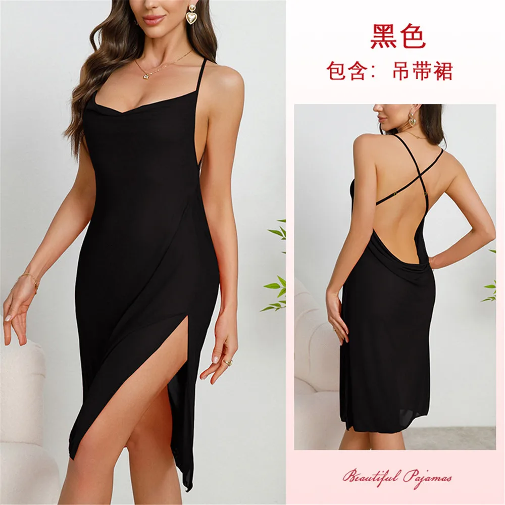 Sexy Backless Mid-Length Female Nightgown Sleepwear Summer Nightwear Home Dress Lace Nightdress Loungewear 5