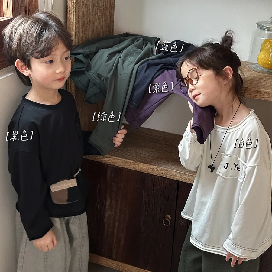 

2025 Children's Autumn New Letter Long-sleeved T-shirt Men's and Women's Treasure Loose Rough Edge Bottoming Shirt Top