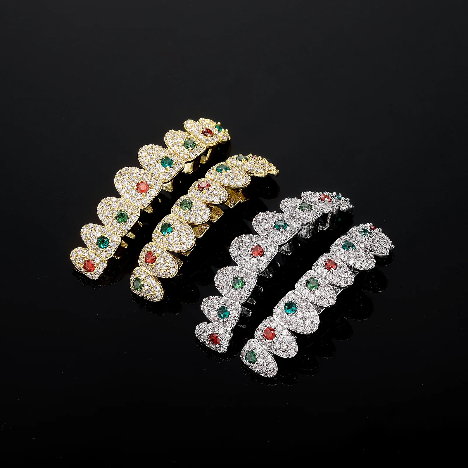 RACHELZ Hip Hop Full CZ Stone Teeth Grillz Gold Silver Color Red Green Zircon Crystal Tooth Caps For Women Men Halloween Gift