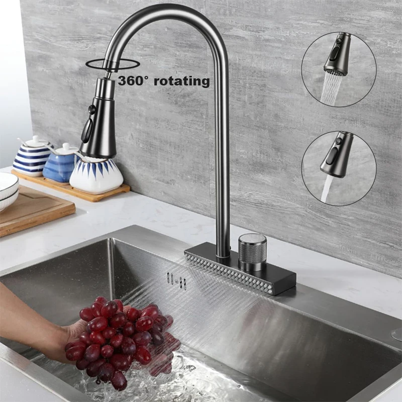 

Waterfall Grey Sink Kitchen Faucet Hot Cold Mixer Wash Basin Multiple Water Outlets Rotation Flying Rain Tap Single Hole