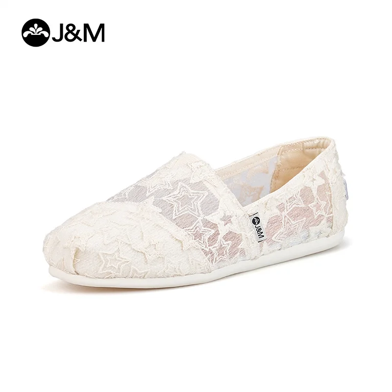 

J&M Lady Flats Fashion Women Loafers Lace Mesh Breathable Shoes Rubber Soft Sole Slip-On Casual Shoes White Sneaker