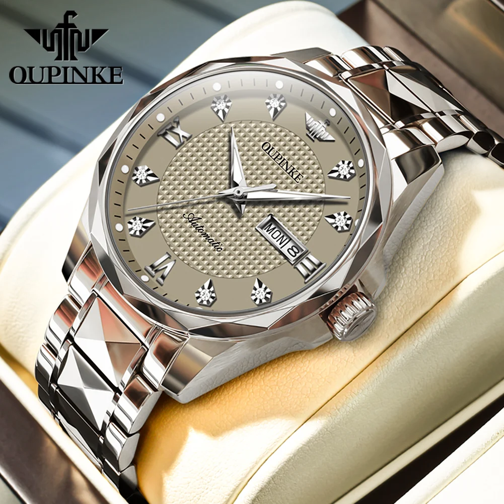 OUPINKE 3243オリジナル高級ステンレススチールメンズ腕時計自動巻き機械式防水夜光サファイアミラー