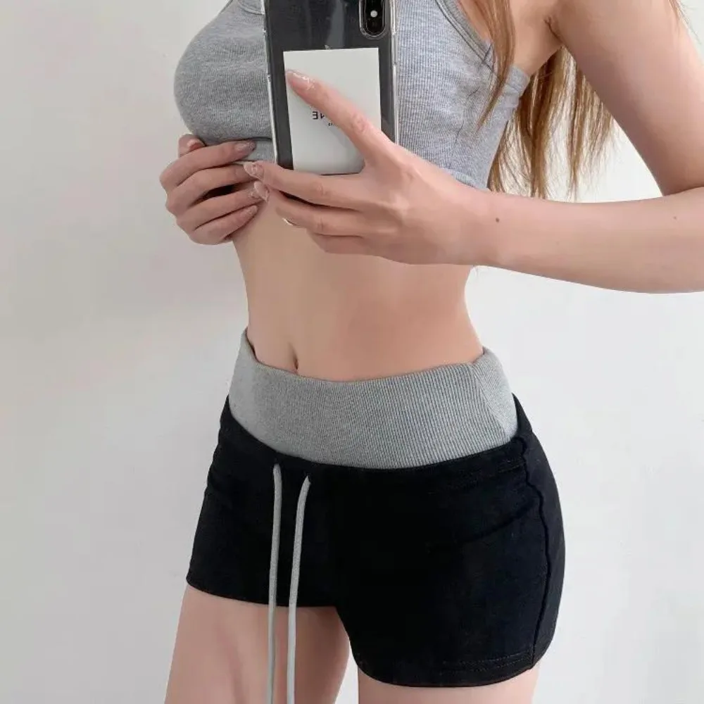 Summer Ladies Low Waist Color Block Splicing American Style Drawstring Slim Sports Shorts Y2K Commuter Sleep Loungewear Shorts