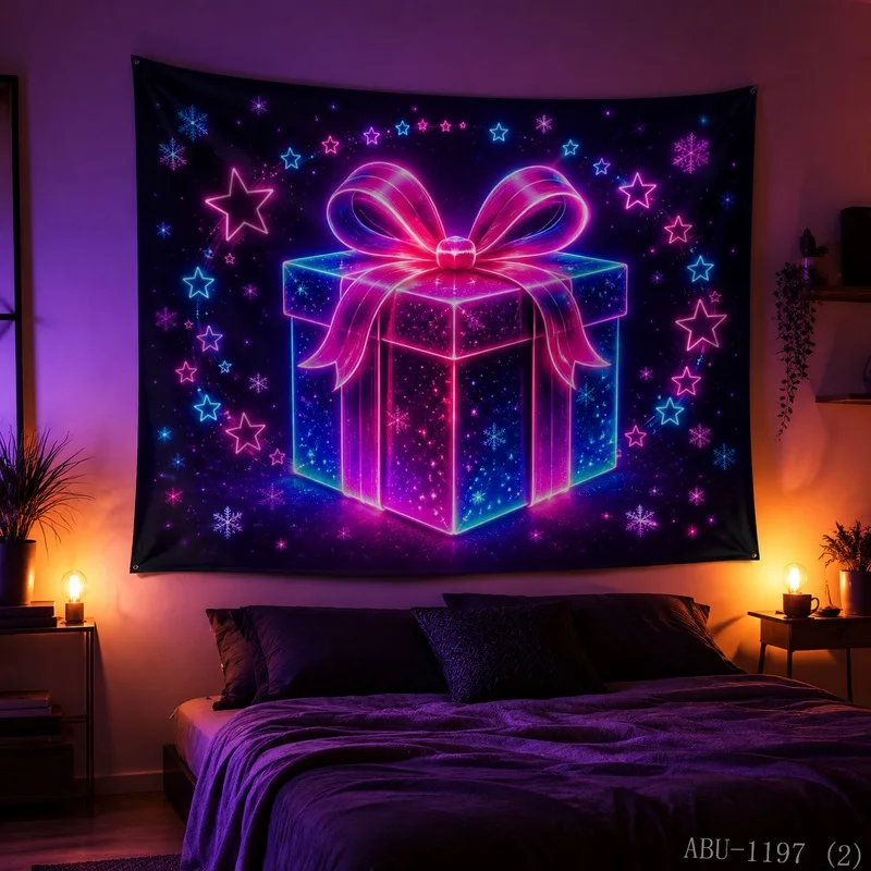 VIKAMA Gift Box Blacklight UV Reactive Glow Tapestry Wall Hanging, Wall Art for Bedroom Dorm Party Game Room Bar Decor