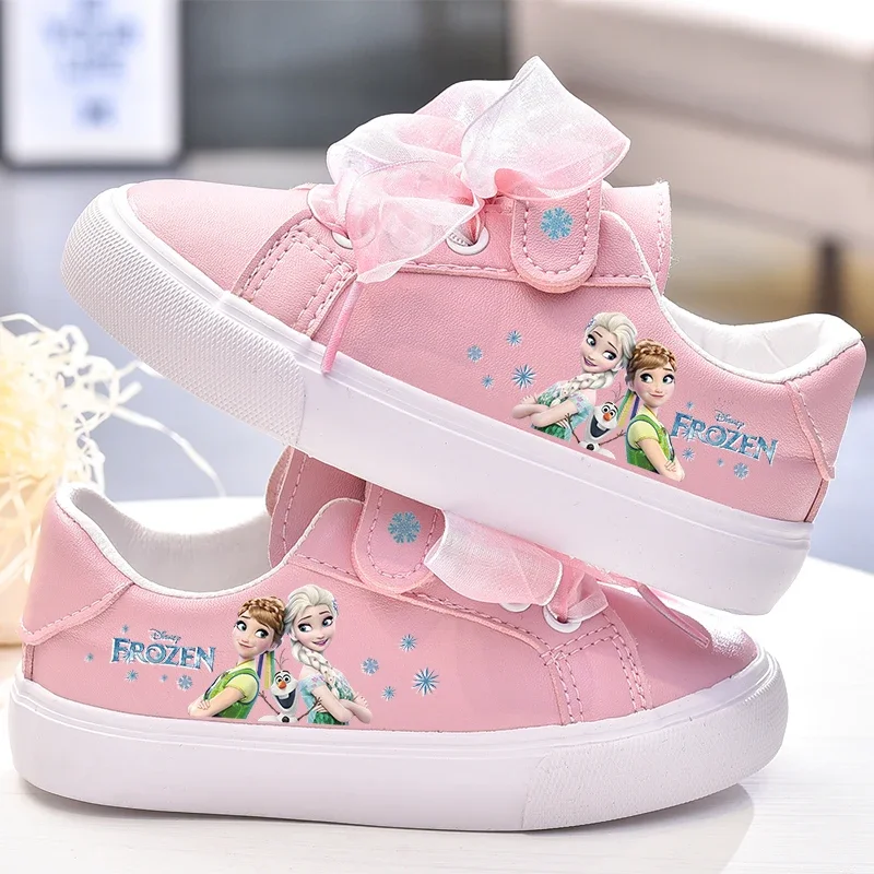 Disney girls frozen princess white Bow pu shoes non-slip soft bottom sports casual  shoes  for girl gift