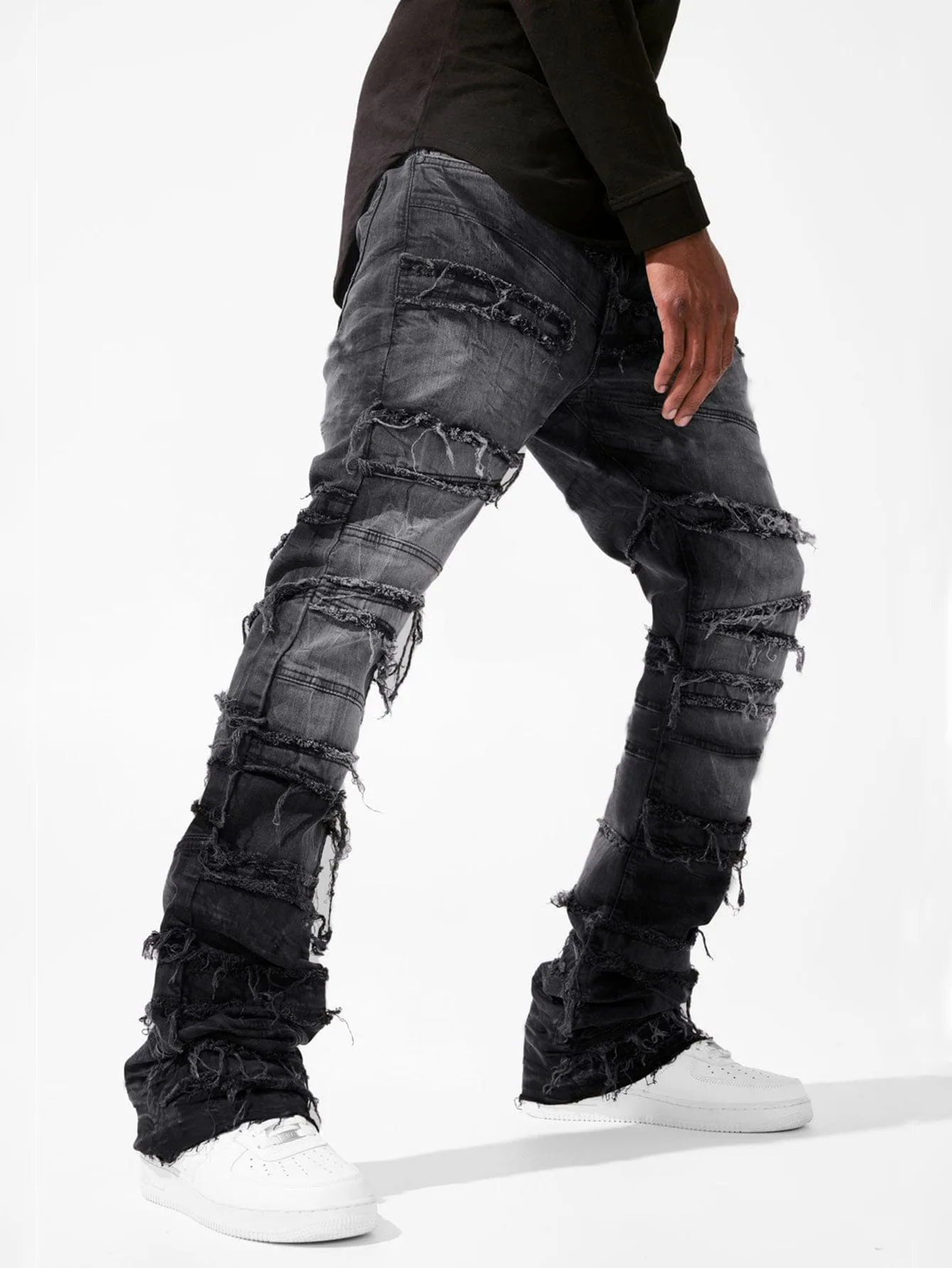 2025 New Stacked Jeans Men Patchworks Spliced Denim Ripped Wash Frayed Pants Male's Streetwear Men‘s Tassel motorcycle jeans