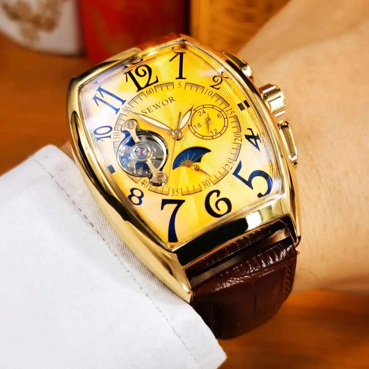 SEWOR Luxury Skeleton Automatic Mens Watch Moon Phase Tonneau Tourbillon Mechancial Watches Genuine Leather Strap Luminous Hands