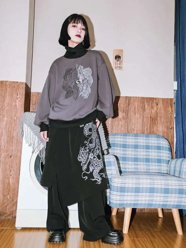 New Chinese Style National Style Han Elements Dragon Pattern Printing Culotte Loose And Comfortable Fake Two Pieces Montage