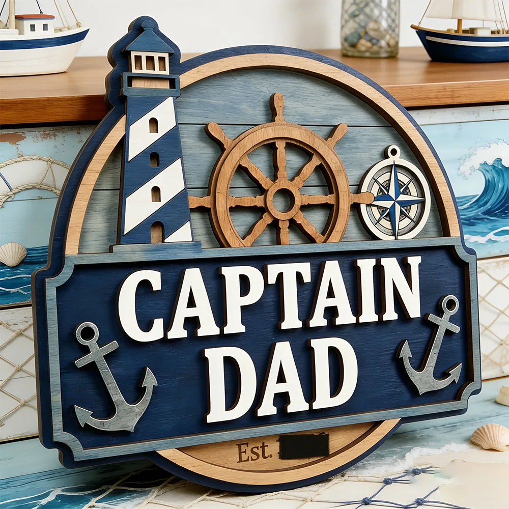 Personalized Captain Dad Nautical Sign, Lighthouse & Compass Wooden Wall Decor, Unique Father's Day Gift for Sailors