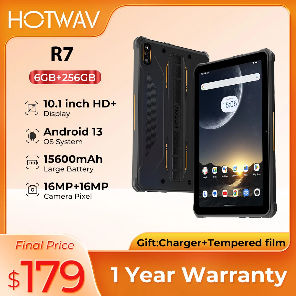 ใหม่ HOTWAV R7 แท็บเล็ตที่ทนทาน Android 13 10.1 ''HD + 15600mAh 12GB (6 + 6) 256GB 16MP + 16MP กล้อง OTG Reverse Charge ถุงมือโหมด Global