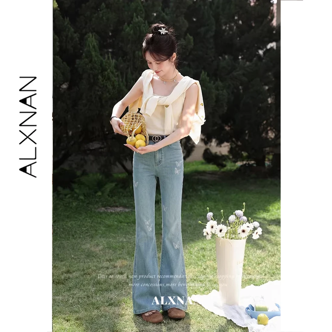 ALXNAN Women's Flared Jeans Vintage Blue High Waist Denim Pants 2026 Butterfly Print Casual Slim Elegant Female Clothing L61378A