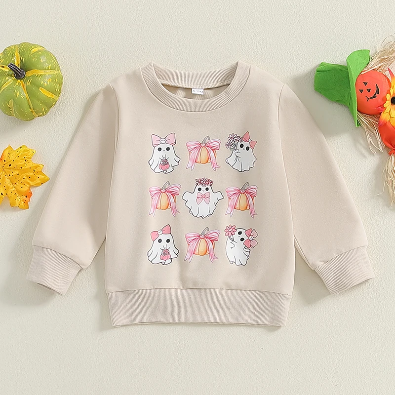 

Toddler Baby Halloween Sweatshirts Girl Bow Ghost Print Sweatshirt Crewneck Pullover Tops Long Sleeve Shirt Autumn Clothes