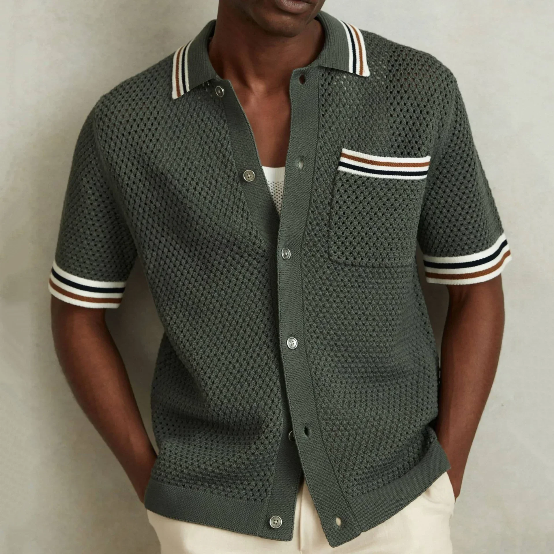 Europe and The United States Summer Men's New Hollow-out Lapel Knitted Cardigan Casual Street Single Breasted POLO Shirt Men
