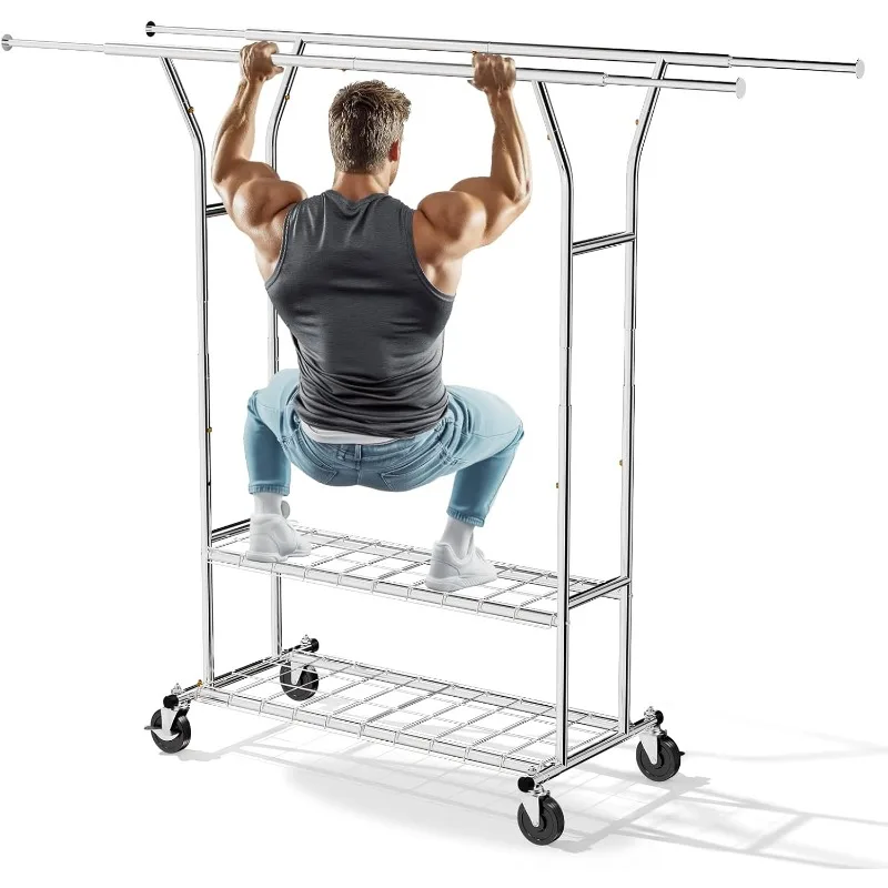 

Adjustable Rolling Heavy Duty Clothes Rack with Wheels Metal Garment Rack for Hanging Clothes Silver