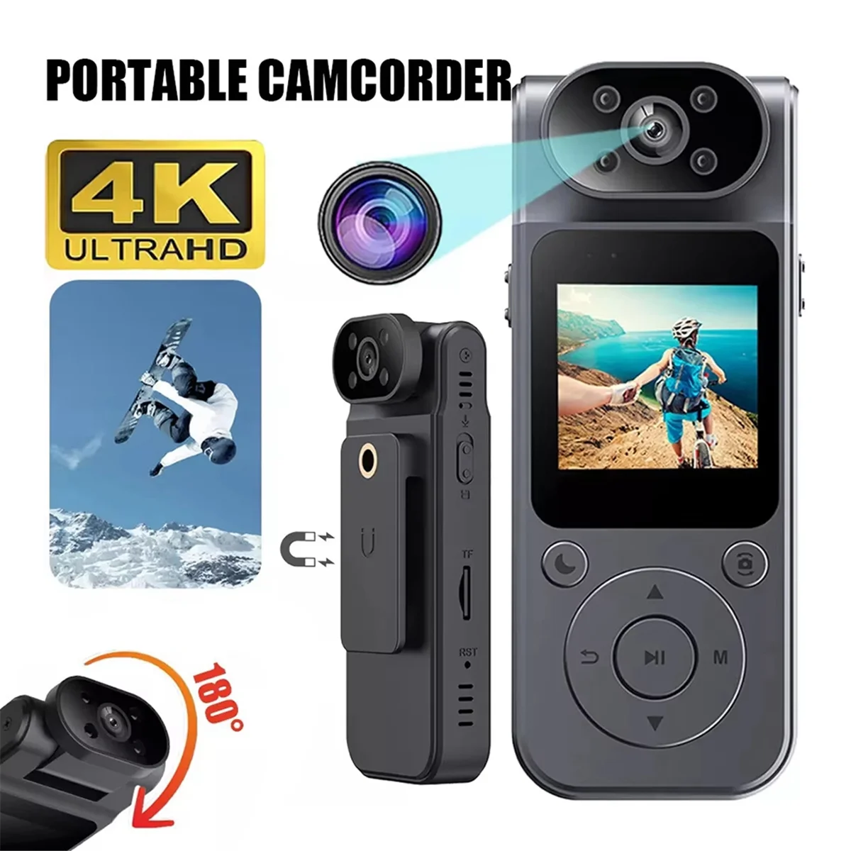Durable 1080P Protable Digital Camera with Rotatable Lens Sports Camera Voice Recorder Bodycam for Journalists and Adventurers,A