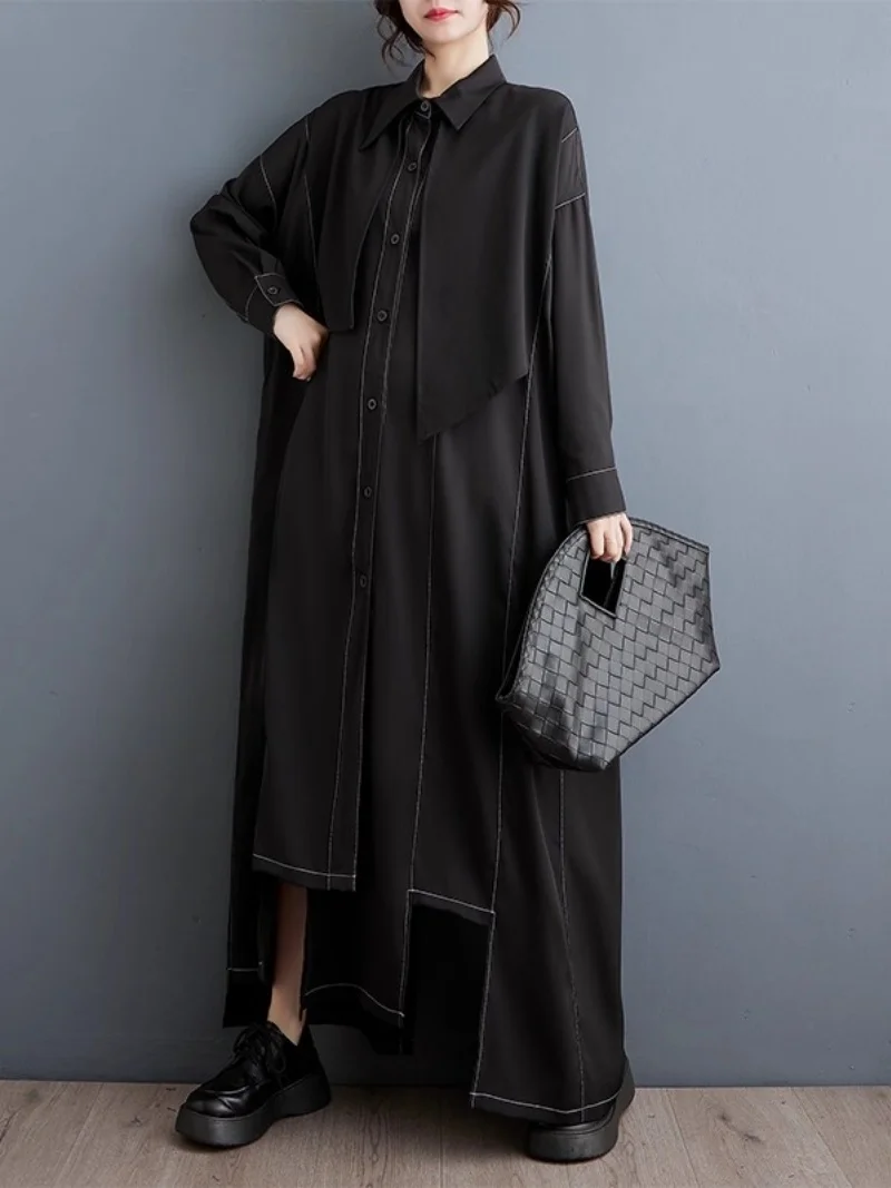 Große Größe Vielseitiges Unregelmäßiges Kleid Für Frauen 2025, Herbst Neue Dunkle Stil Lose Große Größe Spleißen Hemd Kleid w454