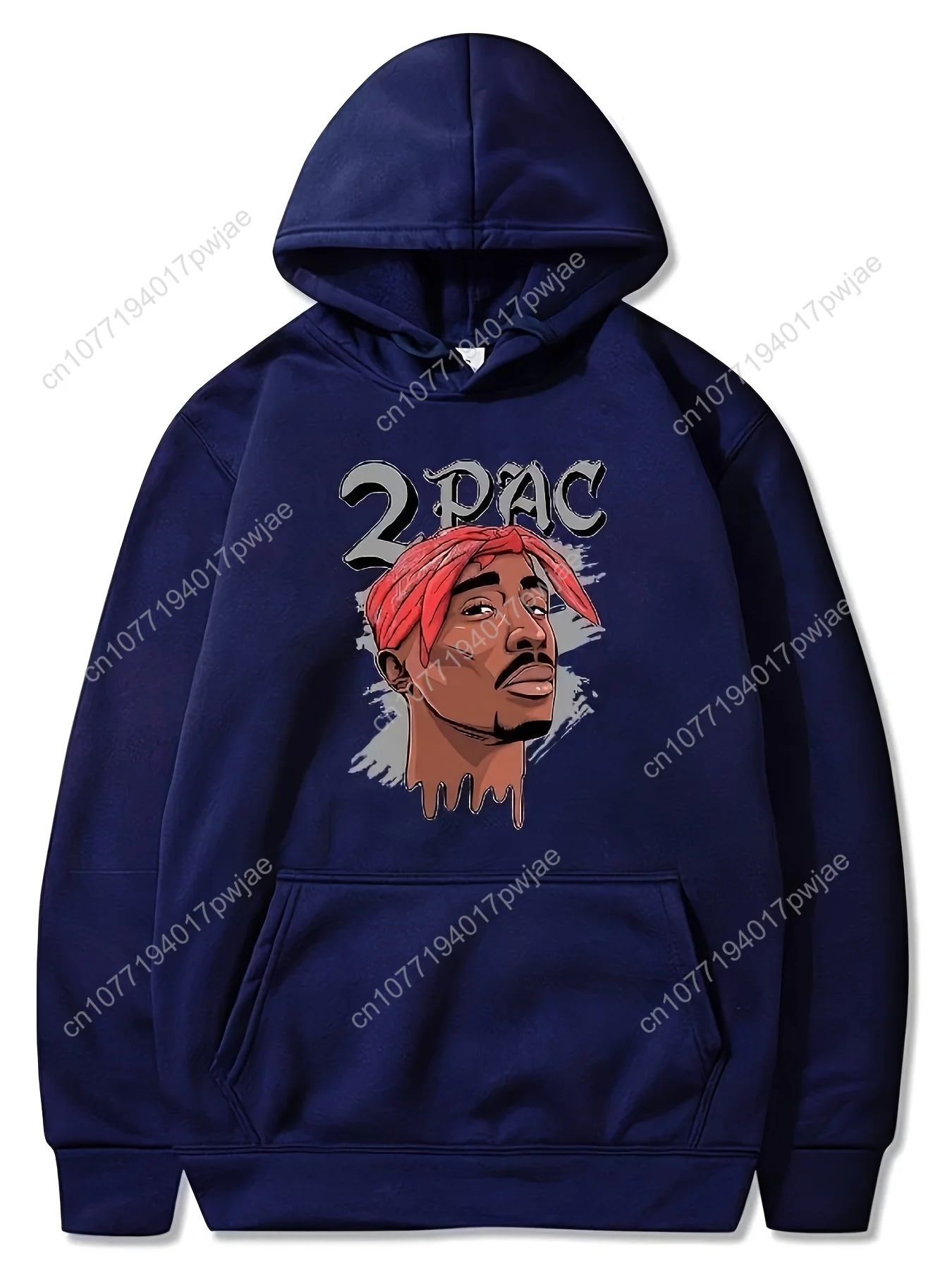 هوديي برسومات 2PAC - طباعة "2PAC" مع تصميم حبر نازف، سويت شيرت رجالي بأكمام طويلة باللون الرمادي الفاتح، ملابس شارع كاجوال مع Kan