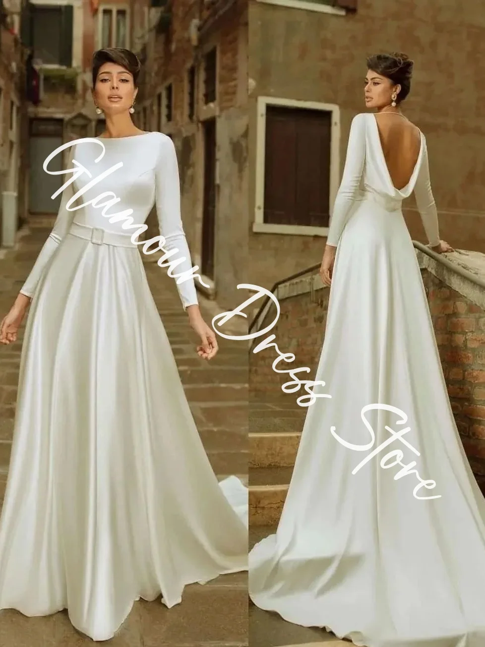 Customized Exquisite Satin A-Line Belt Evening Dresses Crew Neck Long Sleeves Open Back Panel Train Bespoke Occasion G