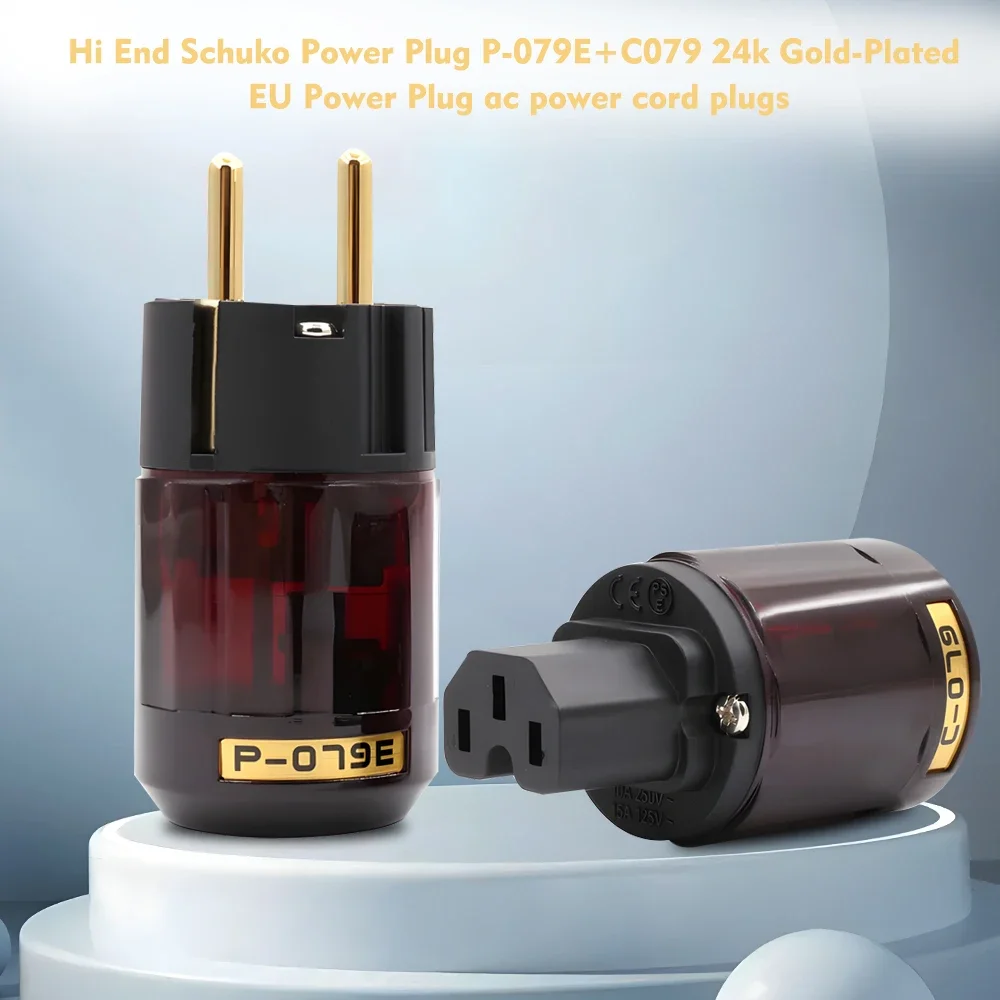 

High-Quality Pair P-079E/C079 24K Gold-Plated EU Schuko Power Plug & IEC Female Connector - Hi-End Audiophile AC Power Cord Plug