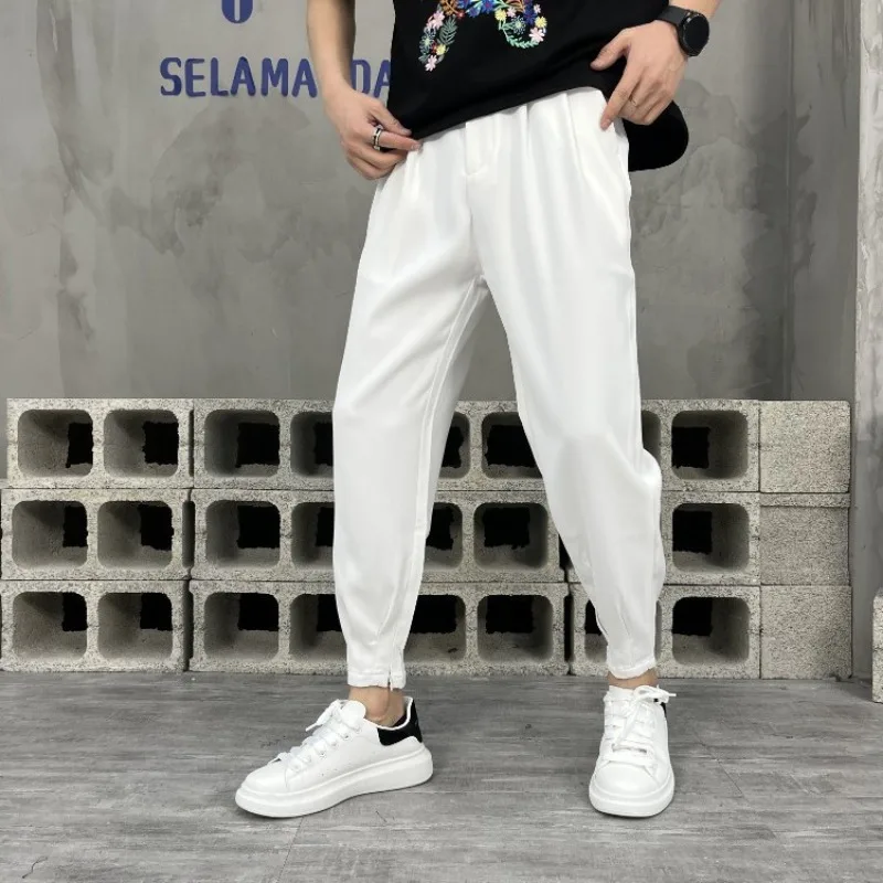 2023 Spring and Summer High-End Draping Trend Ice Silk Small Suit Pants for Men Loose Solid Color Casual Trousers White Black