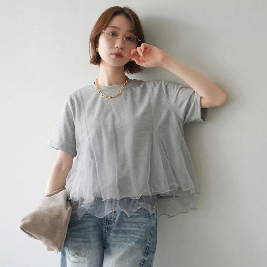 Summer Casual Loose Short Sleeve T-Shirt Women's Mesh Panel Asymmetrical Creative Pattern Full of Vitality Short Style