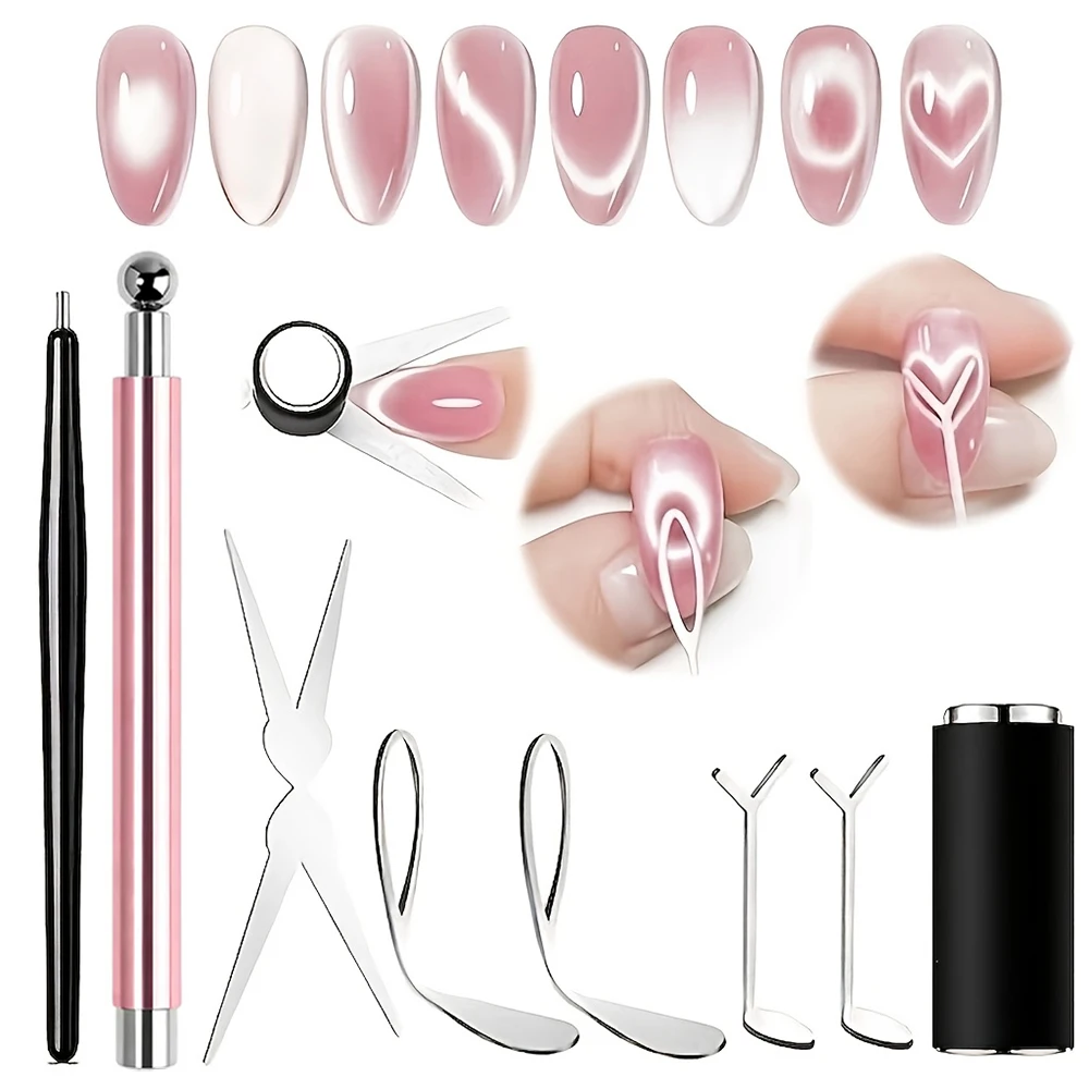 9Pcs Cat Eye Nail Art Magnet Set Magic Magnetic Wand Stick For Gel Polish Heart French Smile Line Design Manicure Tools Kit