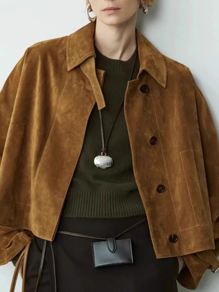 Genuine Leather Goatskin Suede Women Jacket Loose Fit Shawl Cloak Jackets Turndown Collar Real Sheepskin Outerwear Short Coat