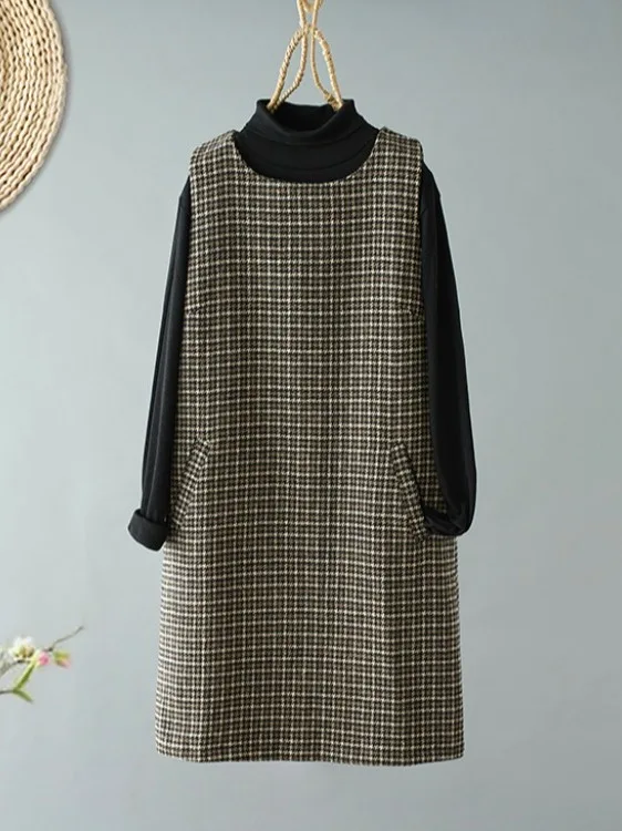 2025 Autumn New Plaid Vest Skirt Large Size Women's Faionable Mid-Length Slim Woolen Vest Dr Retro Commute Sle
